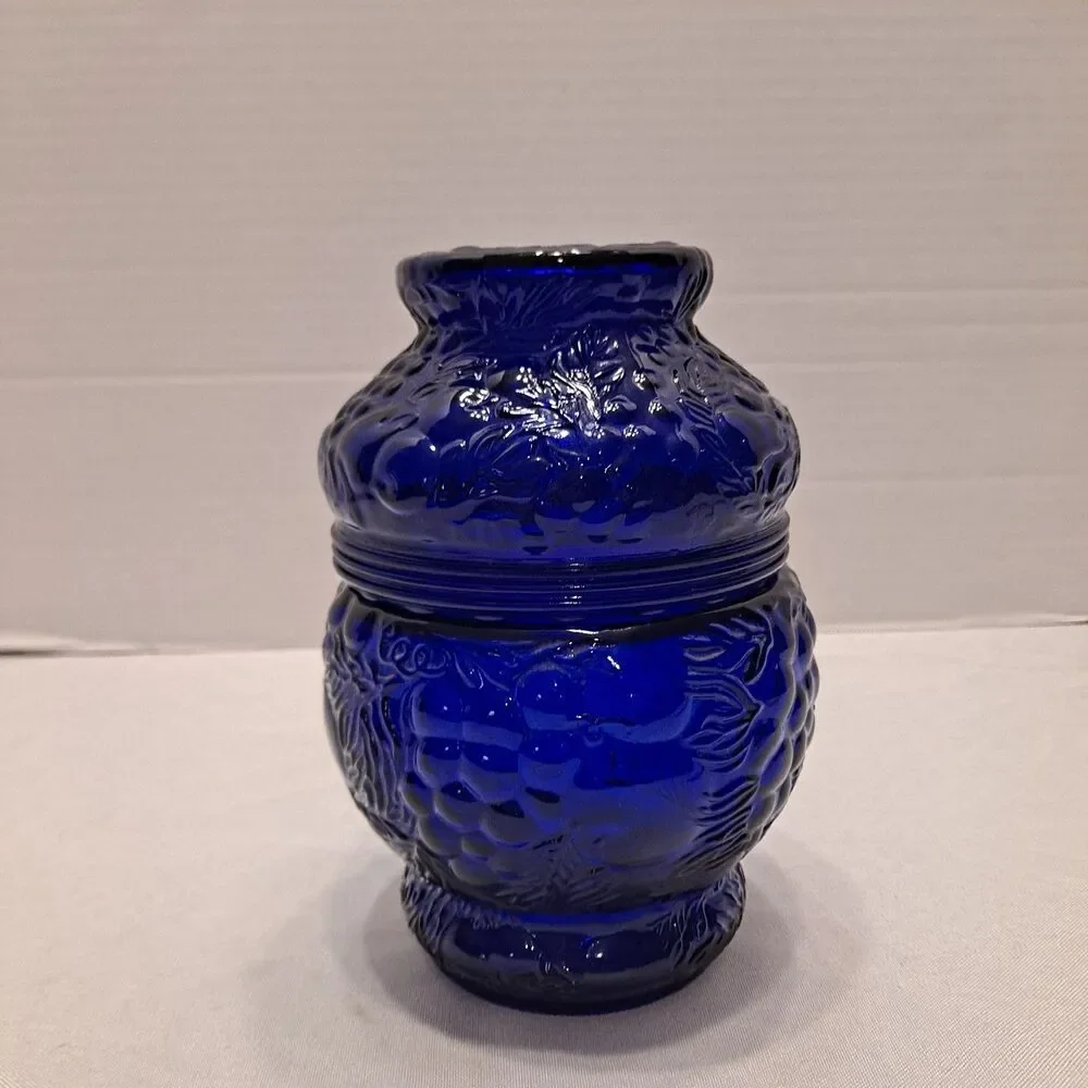 Antique Cobalt Blue Candy Canister Jar Fruit Motif 7